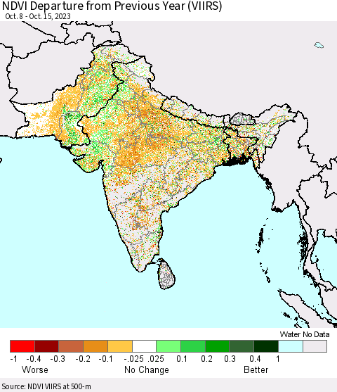 Southern Asia NDVI Departure from Previous Year (VIIRS) Thematic Map For 10/8/2023 - 10/15/2023