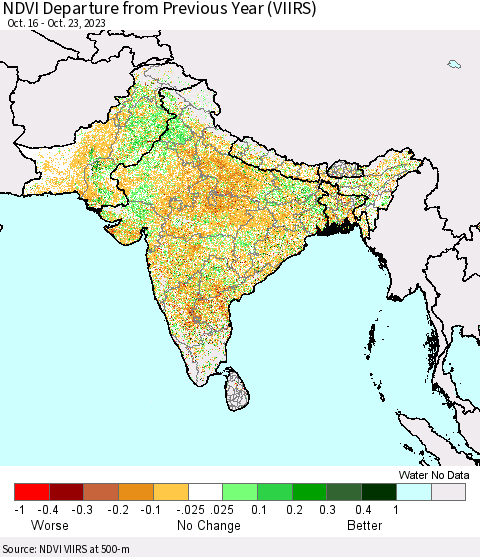 Southern Asia NDVI Departure from Previous Year (VIIRS) Thematic Map For 10/16/2023 - 10/23/2023