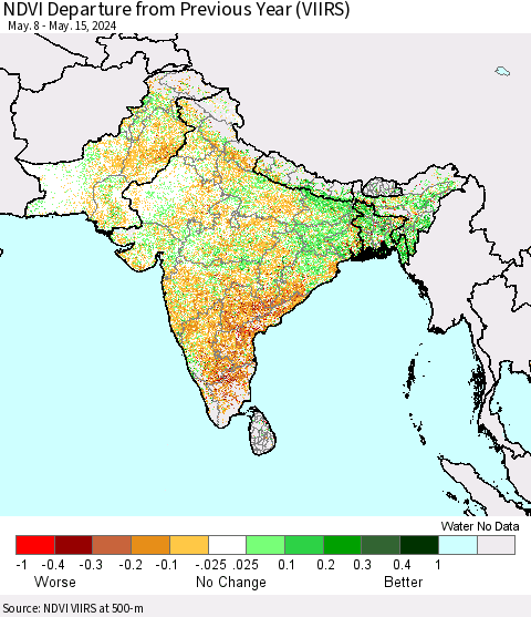 Southern Asia NDVI Departure from Previous Year (VIIRS) Thematic Map For 5/8/2024 - 5/15/2024