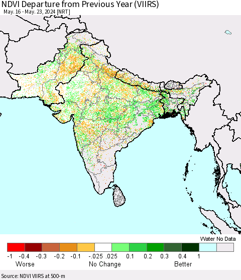 Southern Asia NDVI Departure from Previous Year (VIIRS) Thematic Map For 5/16/2024 - 5/23/2024