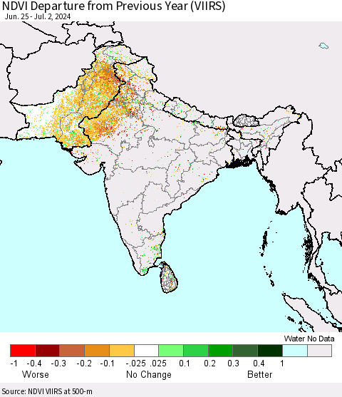 Southern Asia NDVI Departure from Previous Year (VIIRS) Thematic Map For 6/25/2024 - 7/2/2024