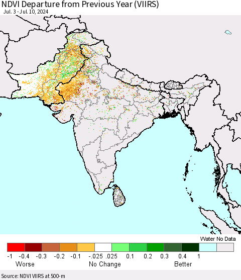 Southern Asia NDVI Departure from Previous Year (VIIRS) Thematic Map For 7/3/2024 - 7/10/2024