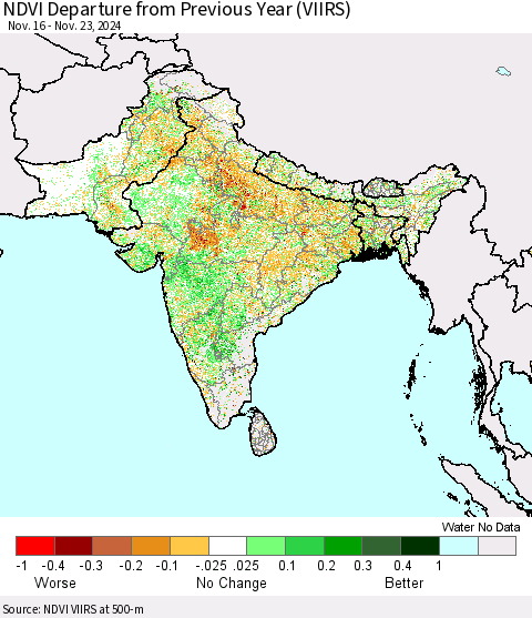 Southern Asia NDVI Departure from Previous Year (VIIRS) Thematic Map For 11/16/2024 - 11/23/2024