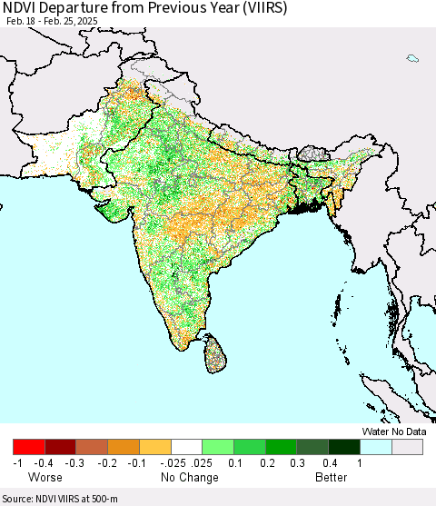 Southern Asia NDVI Departure from Previous Year (VIIRS) Thematic Map For 2/18/2025 - 2/25/2025
