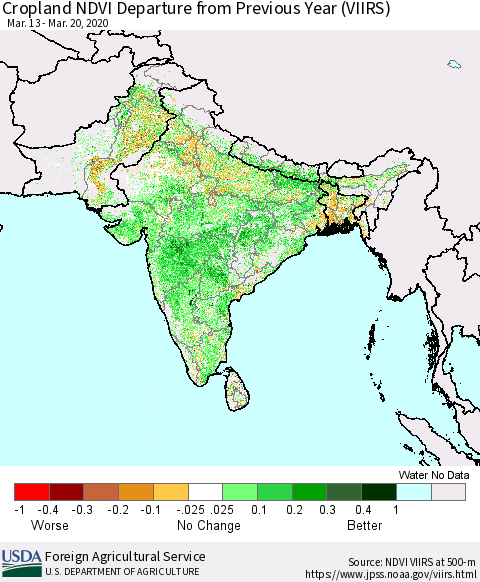Southern Asia Cropland NDVI Departure from Previous Year (VIIRS) Thematic Map For 3/11/2020 - 3/20/2020