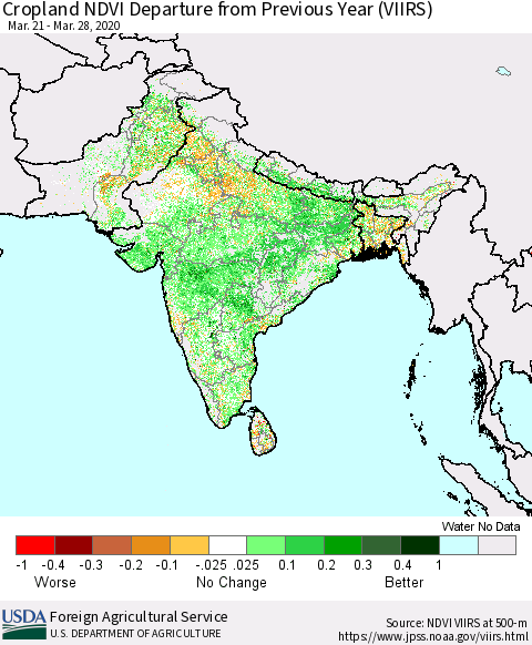 Southern Asia Cropland NDVI Departure from Previous Year (VIIRS) Thematic Map For 3/21/2020 - 3/31/2020