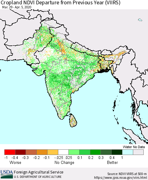 Southern Asia Cropland NDVI Departure from Previous Year (VIIRS) Thematic Map For 4/1/2020 - 4/10/2020