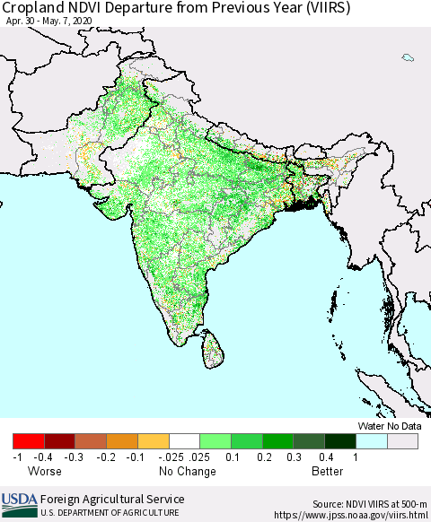 Southern Asia Cropland NDVI Departure from Previous Year (VIIRS) Thematic Map For 5/1/2020 - 5/10/2020