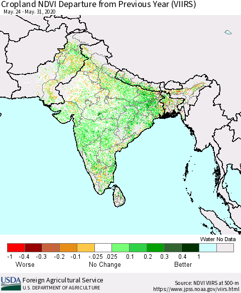 Southern Asia Cropland NDVI Departure from Previous Year (VIIRS) Thematic Map For 5/21/2020 - 5/31/2020