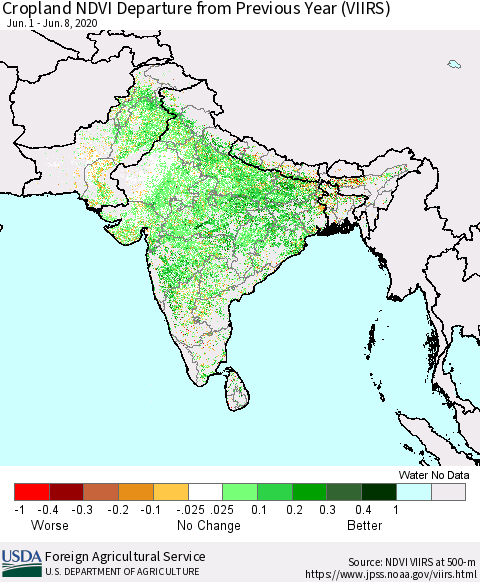 Southern Asia Cropland NDVI Departure from Previous Year (VIIRS) Thematic Map For 6/1/2020 - 6/10/2020