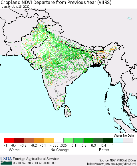 Southern Asia Cropland NDVI Departure from Previous Year (VIIRS) Thematic Map For 6/11/2020 - 6/20/2020