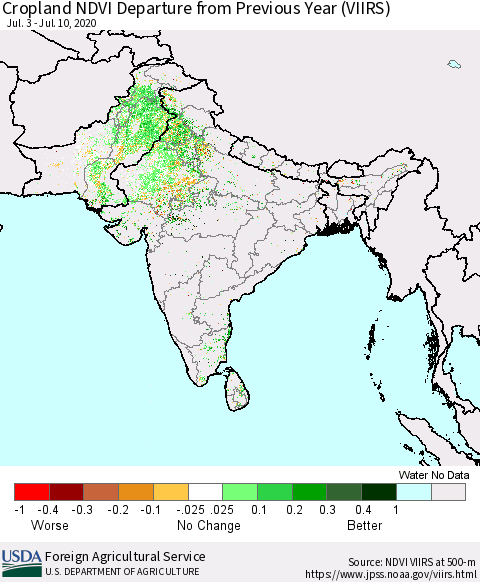 Southern Asia Cropland NDVI Departure from Previous Year (VIIRS) Thematic Map For 7/1/2020 - 7/10/2020