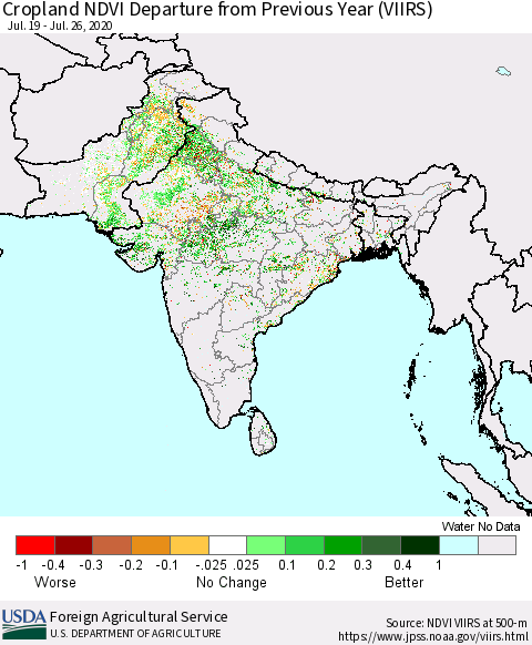 Southern Asia Cropland NDVI Departure from Previous Year (VIIRS) Thematic Map For 7/21/2020 - 7/31/2020