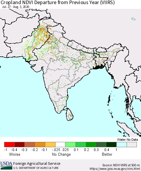 Southern Asia Cropland NDVI Departure from Previous Year (VIIRS) Thematic Map For 8/1/2020 - 8/10/2020