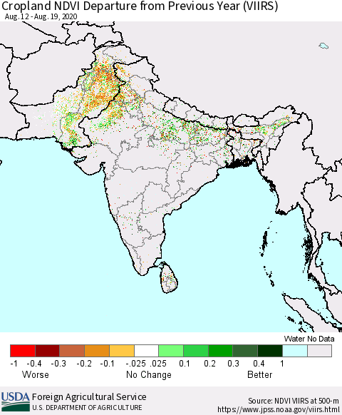 Southern Asia Cropland NDVI Departure from Previous Year (VIIRS) Thematic Map For 8/11/2020 - 8/20/2020