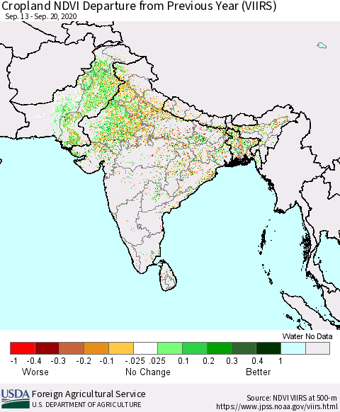 Southern Asia Cropland NDVI Departure from Previous Year (VIIRS) Thematic Map For 9/11/2020 - 9/20/2020