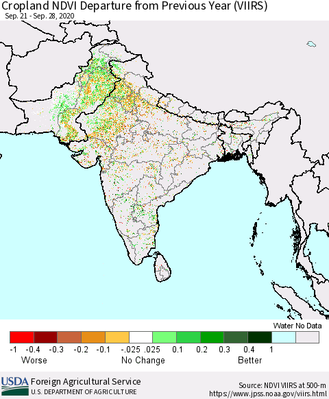 Southern Asia Cropland NDVI Departure from Previous Year (VIIRS) Thematic Map For 9/21/2020 - 9/30/2020
