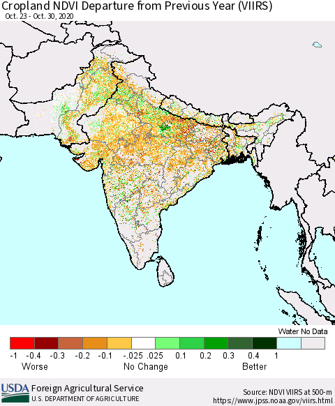 Southern Asia Cropland NDVI Departure from Previous Year (VIIRS) Thematic Map For 10/21/2020 - 10/31/2020