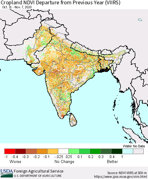 Southern Asia Cropland NDVI Departure from Previous Year (VIIRS) Thematic Map For 11/1/2020 - 11/10/2020