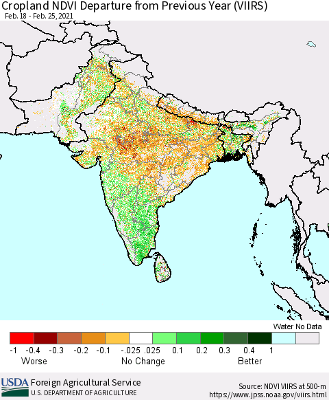 Southern Asia Cropland NDVI Departure from Previous Year (VIIRS) Thematic Map For 2/21/2021 - 2/28/2021