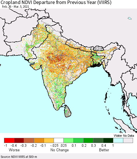 Southern Asia Cropland NDVI Departure from Previous Year (VIIRS) Thematic Map For 2/26/2021 - 3/5/2021
