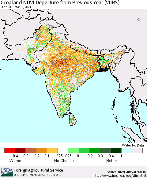 Southern Asia Cropland NDVI Departure from Previous Year (VIIRS) Thematic Map For 3/1/2021 - 3/10/2021