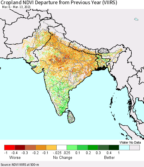Southern Asia Cropland NDVI Departure from Previous Year (VIIRS) Thematic Map For 3/6/2021 - 3/13/2021