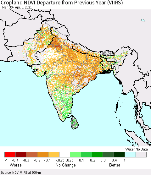 Southern Asia Cropland NDVI Departure from Previous Year (VIIRS) Thematic Map For 3/30/2021 - 4/6/2021