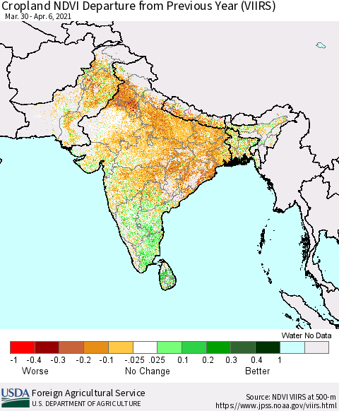 Southern Asia Cropland NDVI Departure from Previous Year (VIIRS) Thematic Map For 4/1/2021 - 4/10/2021