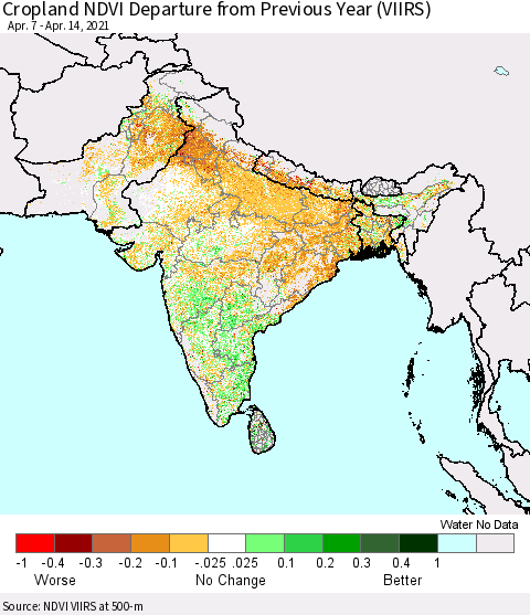 Southern Asia Cropland NDVI Departure from Previous Year (VIIRS) Thematic Map For 4/7/2021 - 4/14/2021