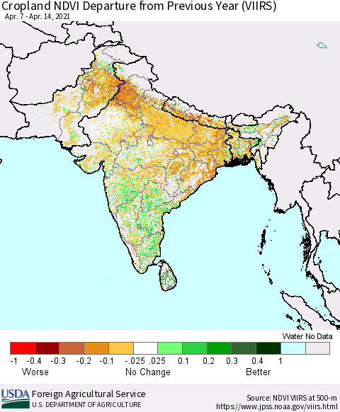 Southern Asia Cropland NDVI Departure from Previous Year (VIIRS) Thematic Map For 4/11/2021 - 4/20/2021