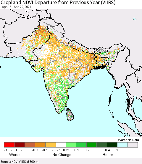 Southern Asia Cropland NDVI Departure from Previous Year (VIIRS) Thematic Map For 4/15/2021 - 4/22/2021
