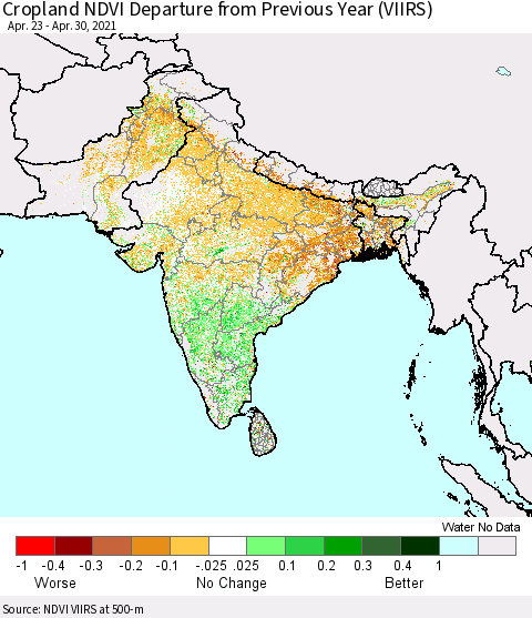 Southern Asia Cropland NDVI Departure from Previous Year (VIIRS) Thematic Map For 4/21/2021 - 4/30/2021