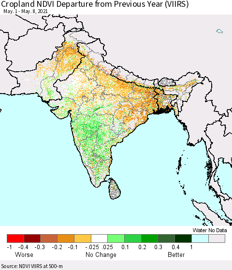 Southern Asia Cropland NDVI Departure from Previous Year (VIIRS) Thematic Map For 5/1/2021 - 5/8/2021