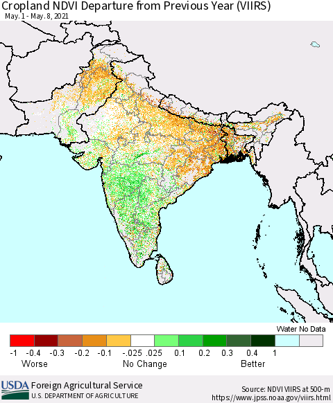 Southern Asia Cropland NDVI Departure from Previous Year (VIIRS) Thematic Map For 5/1/2021 - 5/10/2021