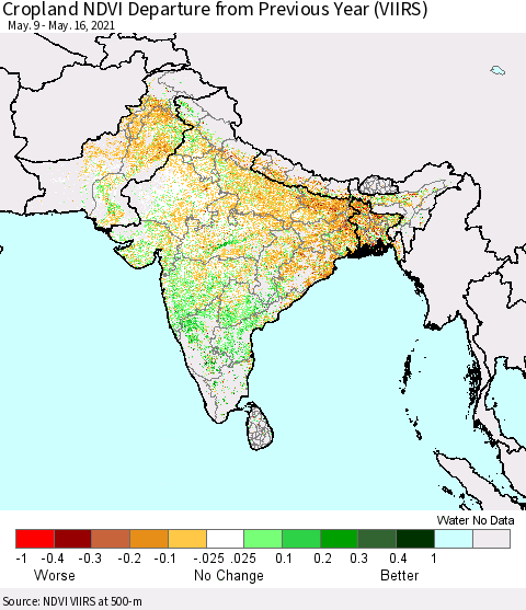 Southern Asia Cropland NDVI Departure from Previous Year (VIIRS) Thematic Map For 5/9/2021 - 5/16/2021
