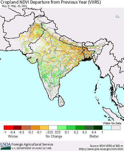 Southern Asia Cropland NDVI Departure from Previous Year (VIIRS) Thematic Map For 5/11/2021 - 5/20/2021
