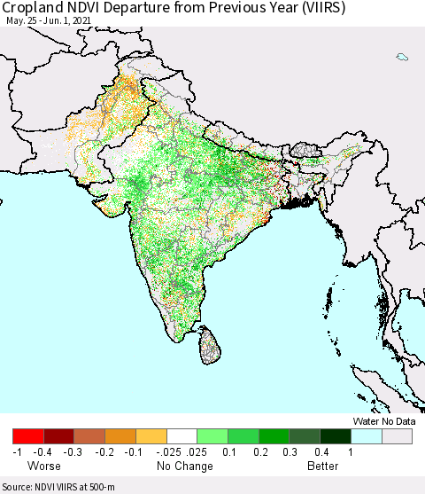 Southern Asia Cropland NDVI Departure from Previous Year (VIIRS) Thematic Map For 5/25/2021 - 6/1/2021