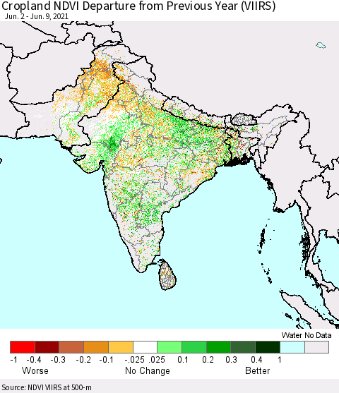 Southern Asia Cropland NDVI Departure from Previous Year (VIIRS) Thematic Map For 6/2/2021 - 6/9/2021