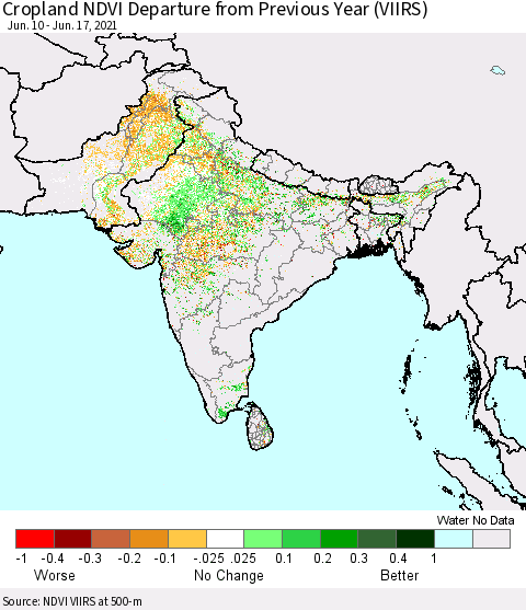 Southern Asia Cropland NDVI Departure from Previous Year (VIIRS) Thematic Map For 6/10/2021 - 6/17/2021