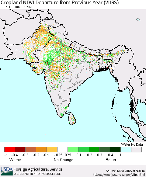 Southern Asia Cropland NDVI Departure from Previous Year (VIIRS) Thematic Map For 6/11/2021 - 6/20/2021