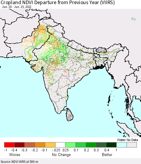 Southern Asia Cropland NDVI Departure from Previous Year (VIIRS) Thematic Map For 6/18/2021 - 6/25/2021