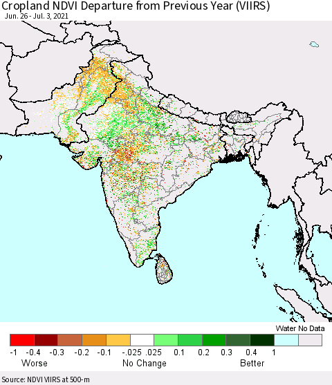 Southern Asia Cropland NDVI Departure from Previous Year (VIIRS) Thematic Map For 6/26/2021 - 7/3/2021