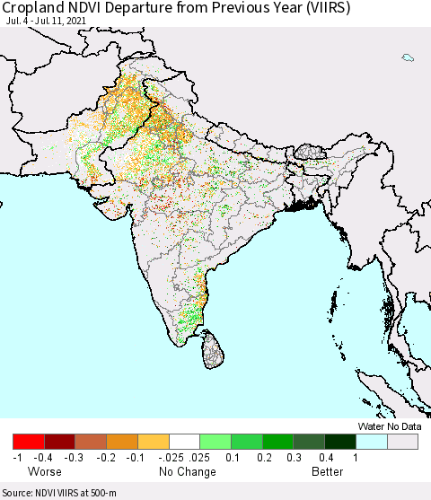 Southern Asia Cropland NDVI Departure from Previous Year (VIIRS) Thematic Map For 7/4/2021 - 7/11/2021
