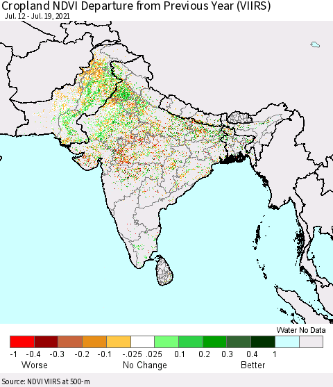 Southern Asia Cropland NDVI Departure from Previous Year (VIIRS) Thematic Map For 7/12/2021 - 7/19/2021