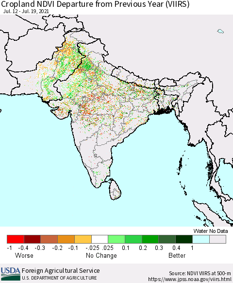 Southern Asia Cropland NDVI Departure from Previous Year (VIIRS) Thematic Map For 7/11/2021 - 7/20/2021