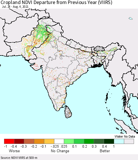 Southern Asia Cropland NDVI Departure from Previous Year (VIIRS) Thematic Map For 7/28/2021 - 8/4/2021