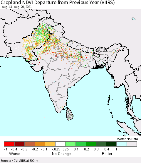 Southern Asia Cropland NDVI Departure from Previous Year (VIIRS) Thematic Map For 8/11/2021 - 8/20/2021