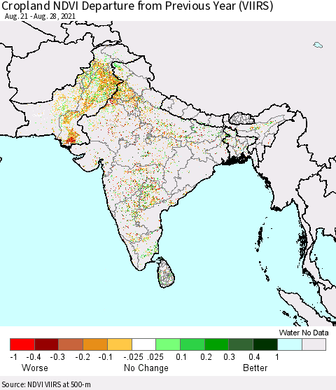 Southern Asia Cropland NDVI Departure from Previous Year (VIIRS) Thematic Map For 8/21/2021 - 8/28/2021
