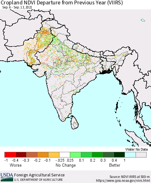 Southern Asia Cropland NDVI Departure from Previous Year (VIIRS) Thematic Map For 9/11/2021 - 9/20/2021